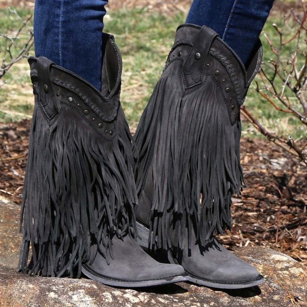 LIBERTY BLACK Vegas fringed black leather cowgirl western boots snip toe size 7